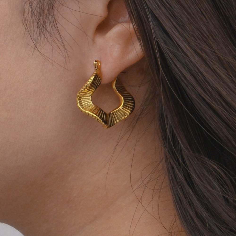 Organic Textured Wave Shape Hoop Earrings 18K Gold PVD Plated Stainless Steel - Picture 7 of 13